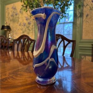 Iridescent Cobalt Blue Art Glass Vase with White Swirl